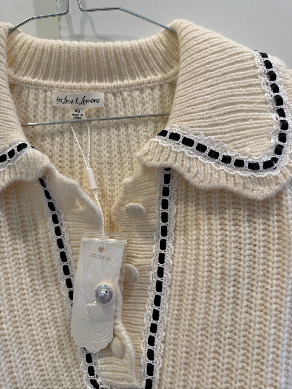 For Love And Lemons Cream Knit Collar Sweater with Black Trim